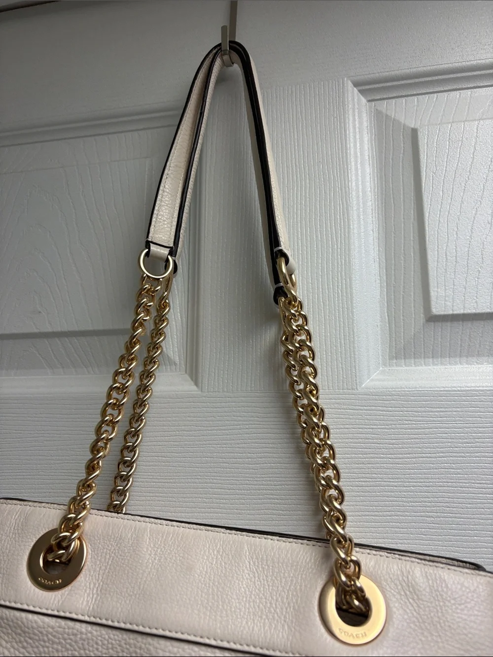 Coach Cream Pebbled Leather Shoulder Bag with Gold Hardware